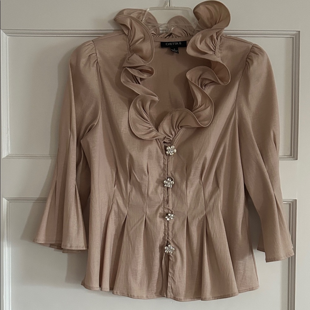 Chetta B Beige Ruffle Blouse with Rhinestone Buttons